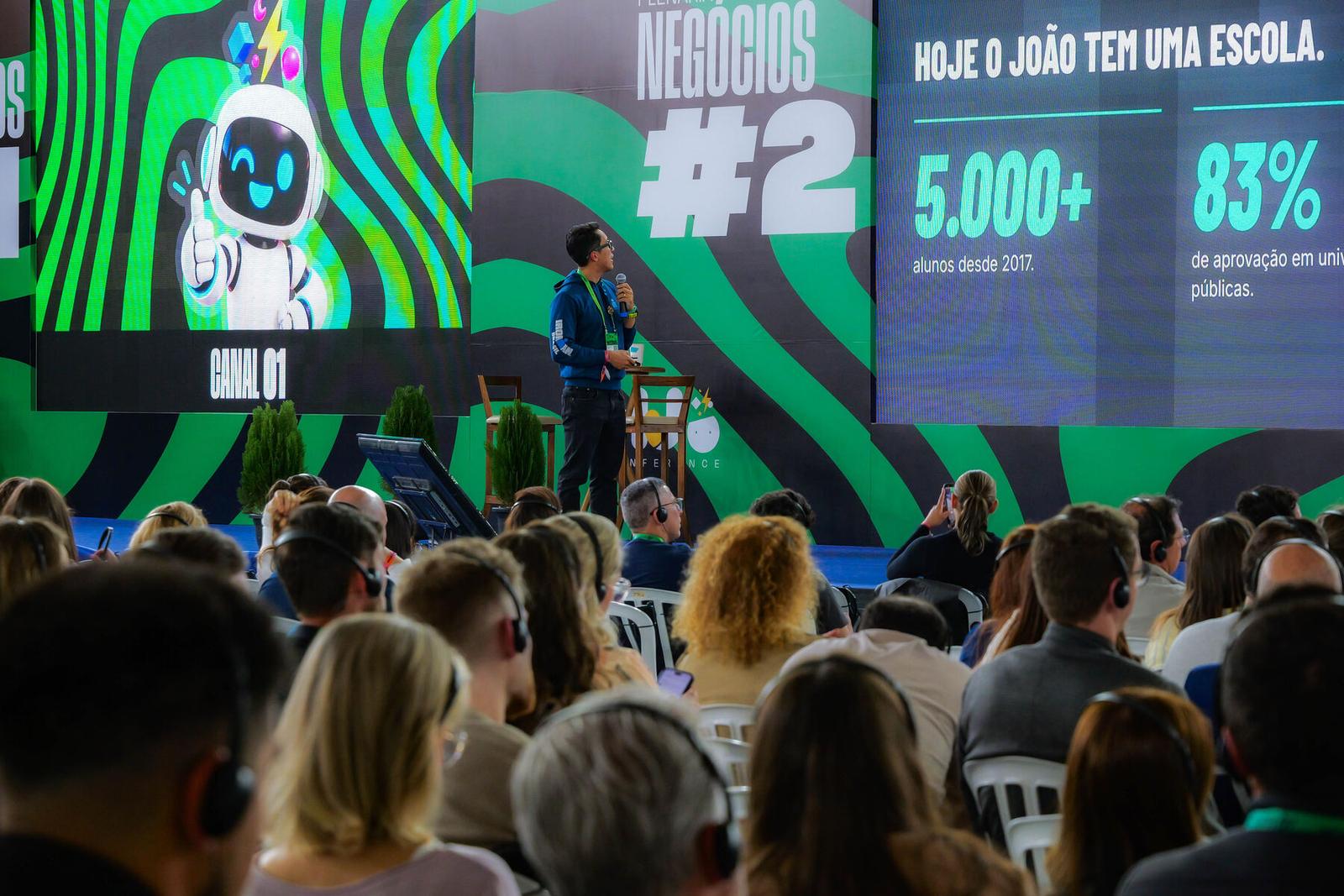 Plateia lotada e telão com 5.000+ alunos desde 2017 e 83% de aprovação em universidades públicas